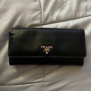 Prada Saffiano Leather Long Wallet – Black with Red Interior